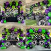 Truck Theme Purple and Green Black Balloon Garland Arch Kit with Big Wheels checkered star mylar foil balloons For Kids 2th 3th 4th Boy Birthday Truck Race Car Party Decorations