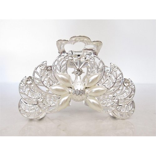 Generic Silver metal peacock faux pearl and clear crystal hair claw clip bridal clip