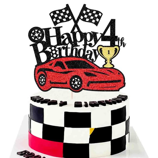 Ruscalin Car Cake Topper Happy 4th Birthday Cake Topper for Racing Car Checkered Flag Themed Kids Boy Girl Happy Birthday Party Supplies (4th)