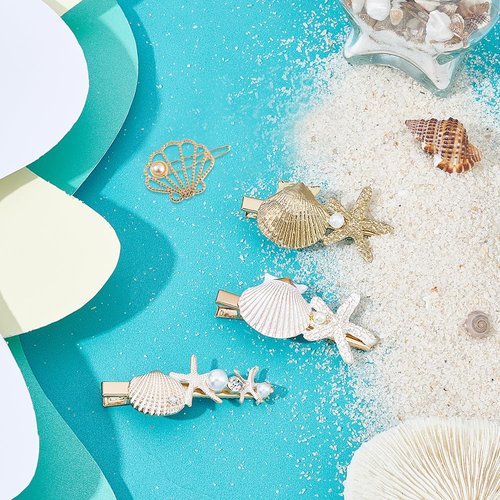 PH PandaHall 4 Styles Starfish Shell Hair Clip Beach Alligator Hair Clips Starfish Barrettes Dainty Sea Theme Clips for Halloween Mermaid Decor Beach Travel Wedding Supplies