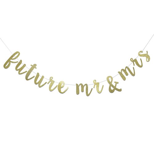 Future Mr & Mrs Banner for Engagement Bridal Shower Bride and Groom Party Decorations Pre-Strung Sign (Gold Glitter)