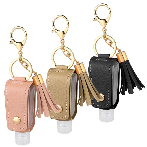 3 Pcs Small Hand Sanitizer Keychain Portable Leather Travel Hand Sanitizer Holder Leakproof Plastic Empty Bottles Hand Sanitizer Travel Holder Bottle for Lotion Liquid Soap Shampoo Black White Pink