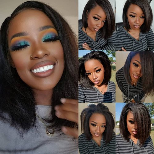 RHAH Kinky Straight HD Lace Front Wigs Human Hair 13x6 Glueless Italian Yaki Straight Human Hair Wig for Black Women 12 Inch Bob Lace Wigs with Baby Hair Pre plucked Frontal 130% Density