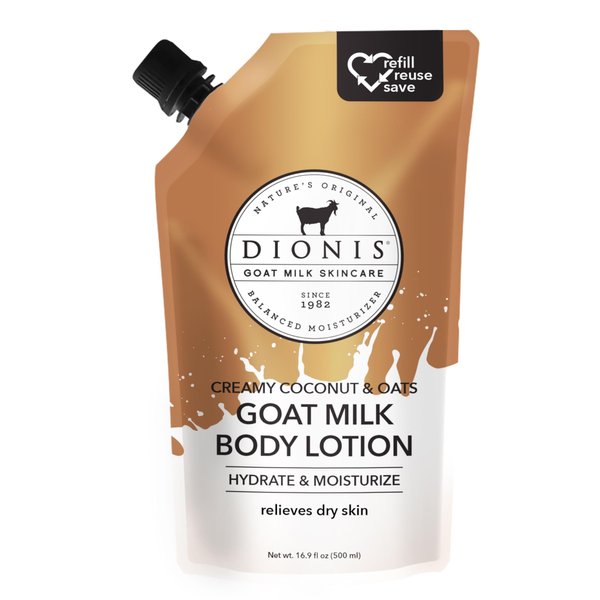 Dionis Goat Milk Skincare Body Lotion 20oz Refill Pouch, Cruelty Free Clean Ingredients & Dermatologist Tested Lotion for Dry Skin, Hydrating & Deeply Moisturizing Rich in Vitamins, CreamyCoconut&Oats