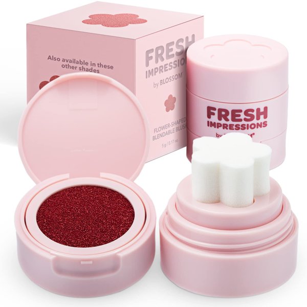 Blossom Fresh Impressions Hyper Pigmented Buildable Blendable Cushion Cream Blush Face Tint Cheek Stamp with Velvet Matte Finish & Flower Shaped Applicator, 0.17oz/5g, Crimson Crush