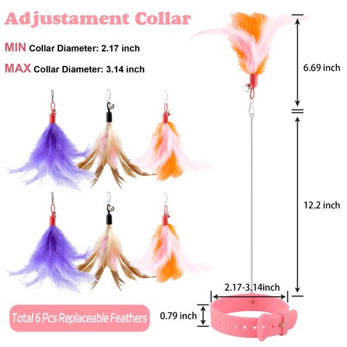 KALAMANDA Cat Collar Toy with Long Metal Rod, Upgraded Cat Feather Neck Collar Toy with 6 Replacement Refills, Interactive Self Playing Toys with Bell for Indoor Kittens Small Animals