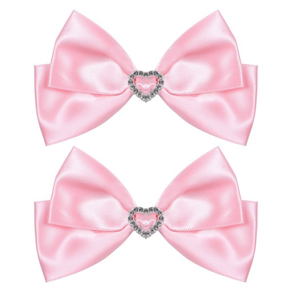 Pink Satin Hair Bow Clips, Christmas Valentine School Hairpins with Heart Rhinestones,Handmade Bowknot Hair Accessories for Kids Girls New Year Decor