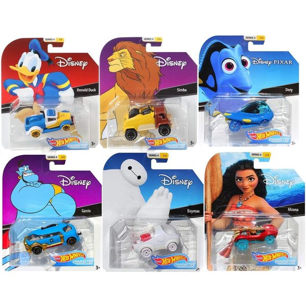 Hot Wheels 2019 Disney/Pixar Character Cars Series 4, Set of 6 Collectible Die Cast Toy Cars Moana, Dory, Donald Duck, Genie, Simba, Baymax