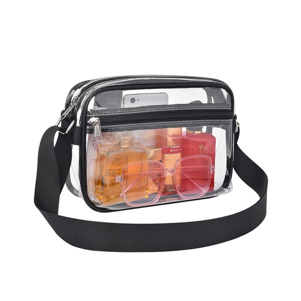 MAY TREE Clear Crossbody Bag Stadium Approved for Women, Small Thickened Clear Purse for Work Festival Travel Concert Outfits and Sporting Events - Black