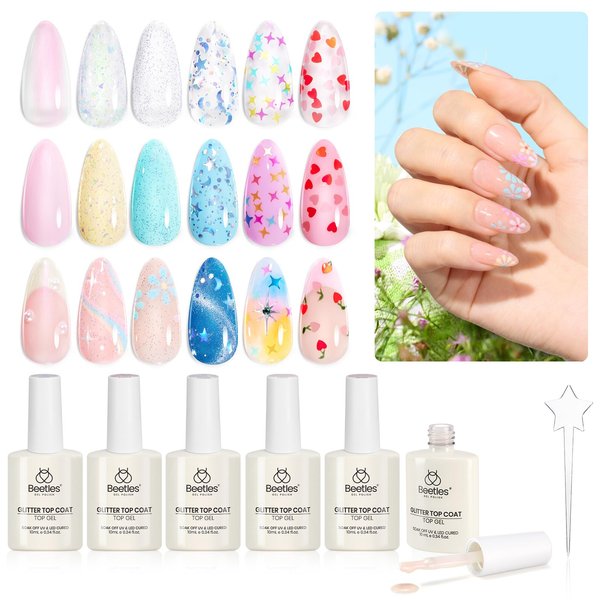 beetles Gel Polish 6Pcs Heart Star Reflective Glitter Gel Top Coat Set, Clear Pink Color Spring Pastel Gel Nail Polish No Wipe Top Coat Long Lasting Highly Shine Soak Off Uv Gel Art