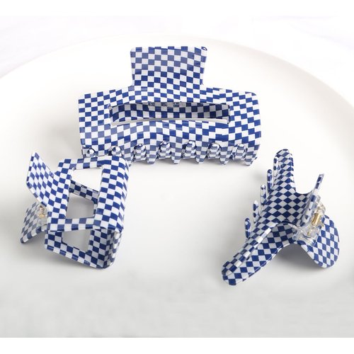 Checkered Hair Claw Clips,Pack of 3,Vintage Blue/White Checkered Claw Clips Cellulose Acetate Banana Clips,Nonslip Hair Clamp for Women Girls (Blue)