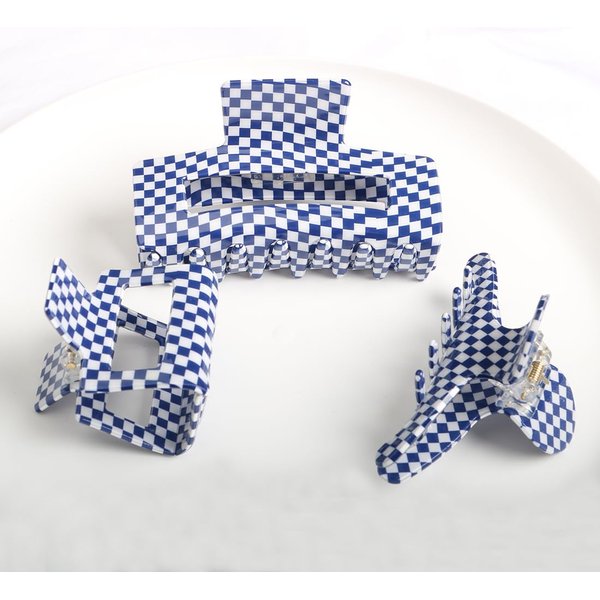 Checkered Hair Claw Clips,Pack of 3,Vintage Blue/White Checkered Claw Clips Cellulose Acetate Banana Clips,Nonslip Hair Clamp for Women Girls (Blue)