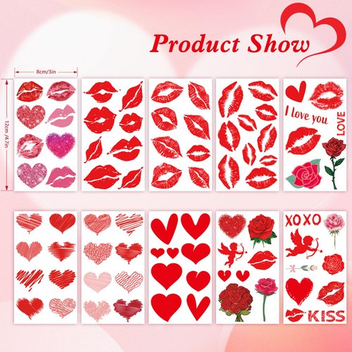 Konsait Valentine's Day Temporary Tattoos for Women Girls, Heart Tattoos Temporary Valentine Tattoos Fake Tattoos Kids Tattoos Temporary Heart Lips-mark Rose Valentines Day Party Supplies 10 Sheets