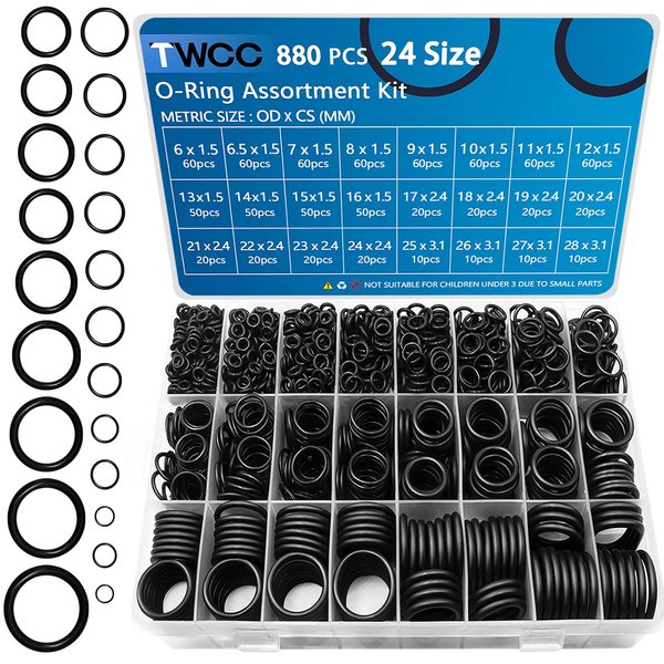TWCC 24 Size Rubber O Ring Set, 880 PCS Black Small O Rings Assortment Kits,Assorted Metric Sealing Washer for Automobiles Plumbing Faucet Water Air or Gas Repair