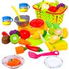 FUNERICA Kids Play Food Sets for Kids Kitchen - Cutting Play Vegetables and Fruits with Grocery Shopping Basket, Mini Cooking Top, Pot, Dishes, and Utensils
