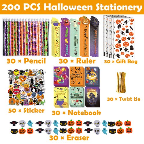 200PCS Halloween Party Favors for Kids Stationery Set, 30 PACK Assorted Halloween Goodie Bag Fillers, Bulk Halloween Treats Bags for Trick or Treat Pencils Erasers Rulers