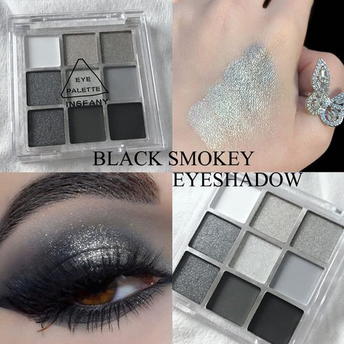 Yeweian Black Smokey Eyeshadow Palette, Eye Black Makeup, 9 Colors Black Silver Gray White Eyeshadow Makeup Palette, Waterproof Cool Toned Matte Glitter Eyeshadow Palette Sombras De Ojos Profesional