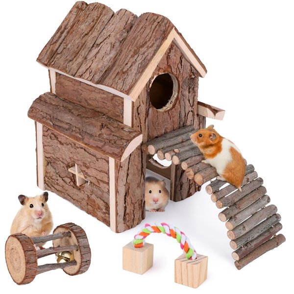 Small Animal Activity Toy Hamster Houses Hideouts Wooden Rat Playground Platform with Ladders Bridge for Chinchilla, Guinea Pigs, Gerbil, Parrots, Dwarf Mice,and Other Small Animals