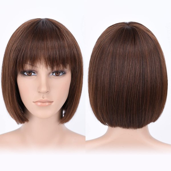 HSPJHTM Brown Bob Wigs,10" Short Bob Wigs with Bangs, Straight Bob Wigs for Women, Synthetic Short Bob Wigs Heat Resistant Fiber Wigs for Daily Party Cosplay Medium Warm Brown (Free Wig Cap)