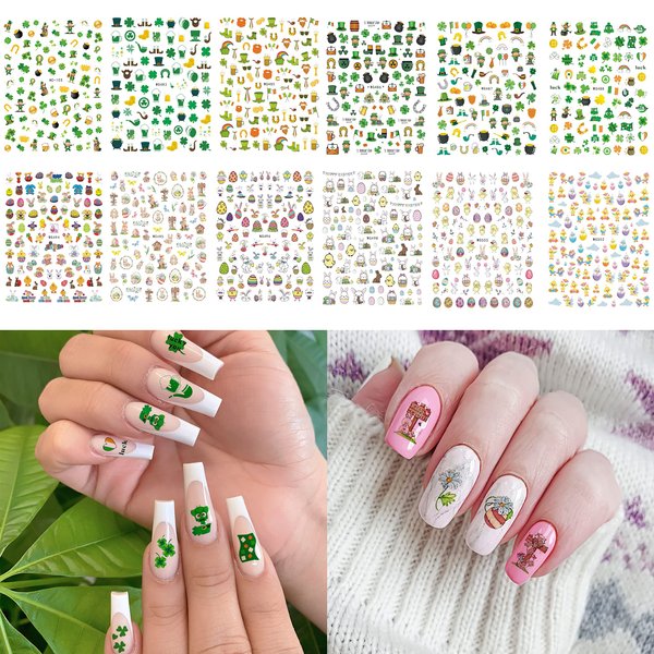 AnyDesign 1200Pcs+ St. Patrick's Day & Easter Nail Art Stickers Green Shamrock Irish Theme Nail Decals Easter Rabbit Bunny Egg Chick Nail Stickers Self-Adhesive Nail Decor for Women Girls, 12 Sheet