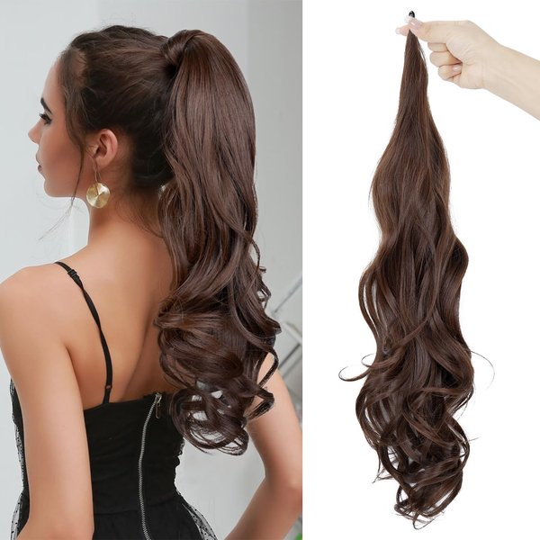 BESSY HAIR Long Wavy Ponytail Extension, Bendable Metals Wrap Around Womens Ponytail Hair Extensions for Women Synthetic Ponytail (Medium chestnut Brown)