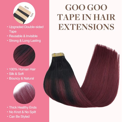 GOO GOO Tape in Hair Extensions, Real Human Hair, Seamless Straight Tape in Hair Extensions, Jet Black to Red, 20pcs 16inch
