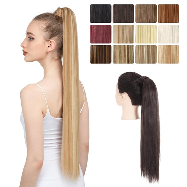 SARLA Ponytail Hair Extension Wrap Around Long Straight 24 Inch Synthetic Hairpiece for Women Black Brown