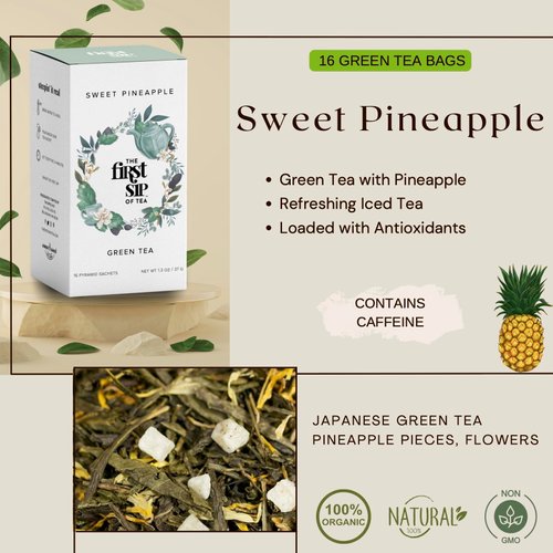 Sweet Pineapple Green Tea, Pyramid Sachet Tea Bags, Caffeinated, Antioxidants, Hot & Iced Tea - 16 Cups | The Spice Hut, First Sip Of Tea
