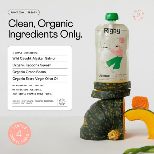 Rigby Organic Low-Calorie Salmon Dog Treat – Wild-Caught Alaskan Salmon Squeeze Pouch for Snacking, Training, Meal Topper & Lick Mat – Supports Joint, Skin & Digestive Health – 6 Pack