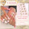 YAEISM 80PCS Gold Nail Charms 12 Shapes Gold Heart Nail Charm 3D Butterfly Nail Charms Alloy Gold Nail Crosses Shiny Money Sign Nail Charms Crystal Pink Planet Charms for Women Nail Art Decoration