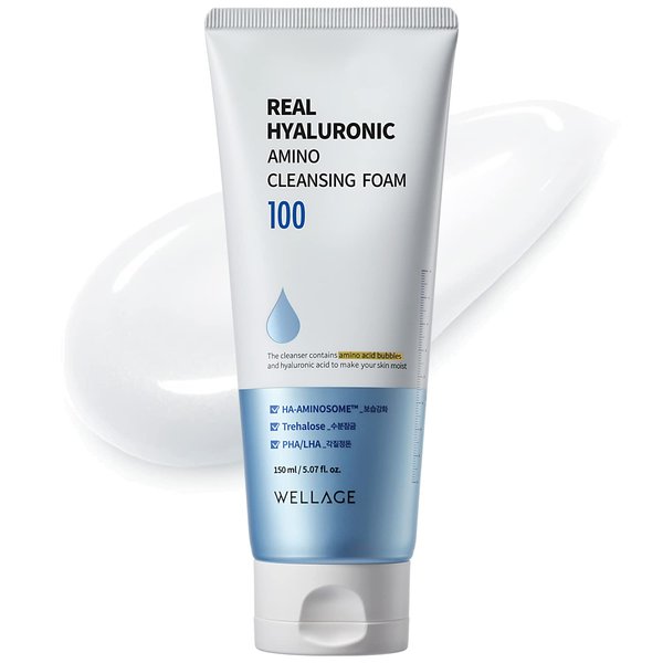 wellage Real Hyaluronic Amino Cleansing Foam – Hydrating Face Wash with Hyaluronic acid and Amino Acids - pH Balanced Deep Cleaning Facial Bubble Cleanser, 5.07 oz.