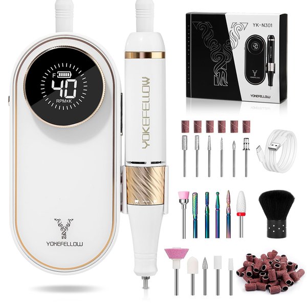 YOKE FELLOW Electric Nail File - 40000 RPM Rechargeable Nail Drill Machine Nail File with 12 Nail Drill Bits for Manicure Pedicure Acrylic Polishing Tools Kit for Salon Home Use