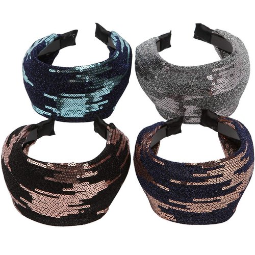 LONEEDY 4 Pack Wide Hard Headband with Teeth for Women, Girls’s Hair Band Pleated Cloth Fabric Hair Hoop Accessories (Sequins)