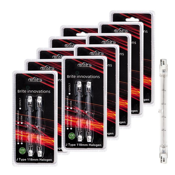 Brite Innovations Double Ended J Type Halogen Bulbs - 118mm, 100 Watts, 120 Volts, 2700K Warm White Light – Dimmable, Energy Saver, Long Life – 20 Pack