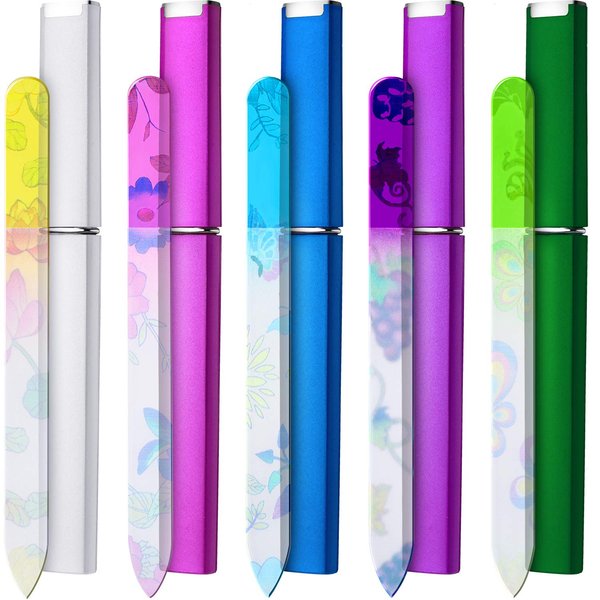 5 Pieces Glass Nail File Buffers with Cases, Colorful Printed Finger Nail Files Crystal Glass Nail Buffers Double Sided Manicure Tools for Women Men(Classic Pattern)