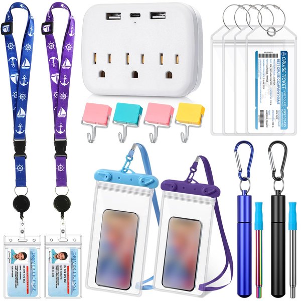 Watersay 17 Pcs Carnival Cruise Essentials with Power Strip Luggage Tags Magnetic Hook Lanyards Phone Bags and Reusable Straw(Blue, Purple)