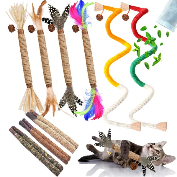 GREMBEB Cat Toys, 12pack Silvervine Cat Feather Toy Kitten Chew Stick Catnip Treat with Bell for Cleaning Teeth Indoor Kitty Teaser Wand Molar Snack for Interactive Pet Pig-2