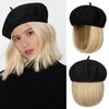 Lansigreen Hat Wig Beret Hat with Hair Extensions Classic French Wool Hat Attached 12" Straight Short Bob Hairpiece Synthetic for Women Light Blonde Mix Bleach Blonde