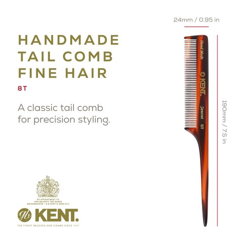Kent 8T Rat Tail Teasing Comb for Women - Handmade Fine Tooth Parting Comb for Braiding, Sectioning and Hair Styling, Saw Cut and Hand Polished