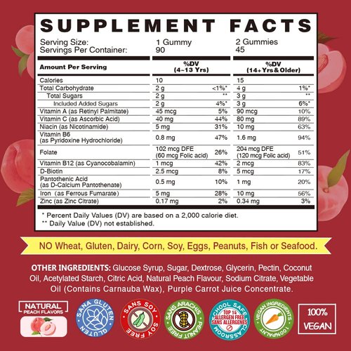 Vegan Iron Gummies Supplement - with Vitamin C, A, B-Complex, Folate, Zinc for Adults & Kids - Blood Builder & Energy Support for Iron Deficiency, Anemia, No After Taste - Peach Flavor (90 Ct)