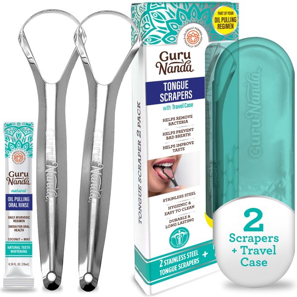 GuruNanda Stainless Steel Tongue Scraper (Pack of 2), Fight Bad Breath, Medical Grade 100% Stainless Steel Tongue Cleaner, Tongue Scraper For Adults and Kids, Great For Oral Care, Travel Friendly