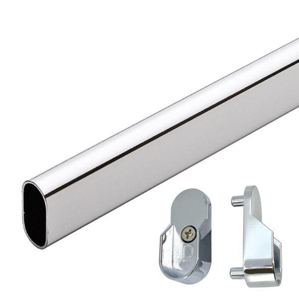 CUSTOM CUT - Oval Closet Rod | Up to 36" | Rear Pin Wall Brackets | Polished Chrome