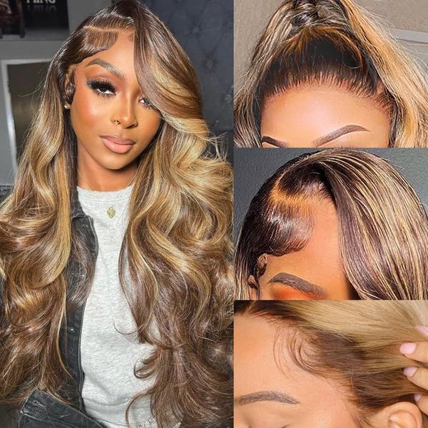 28 Inch Highlight Lace Front Wig Human Hair Ombre Lace Front Wig Human Hair Wigs for Women 13x6 Body Wave Lace Front Wigs Human Hair Honey Blonde HD Lace Front Wig Human Hair with Baby Hairline