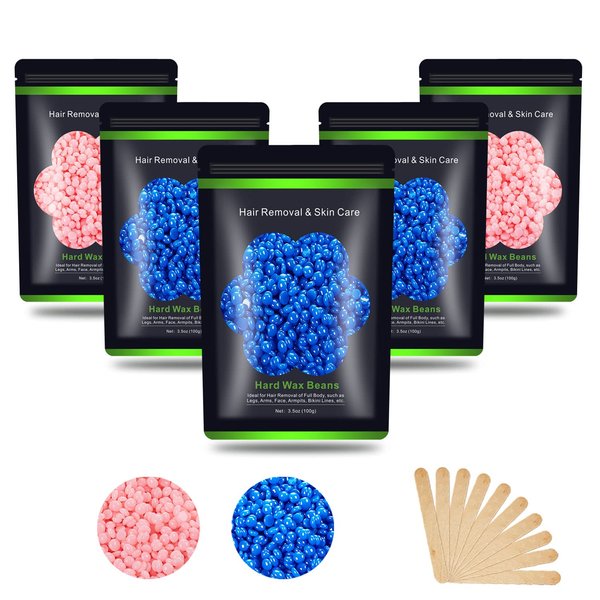 Hard Wax Beans 17.5Oz, Hair Removal Body European Brazilian Pearl Waxing Beans For Women Men Include 10 Waxing Spatulas For Bikini, Eyebrow, Face, Armpit 5 Packs