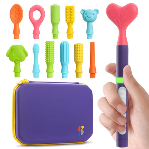 Special Supplies Buzz Buddy Oral Motor Stimulation kit with 12 Soft Textured Interchangeable Heads, Calm Sensory Needs, Support Speech, and Stimulate Self Feeding, Gentle Vibrations