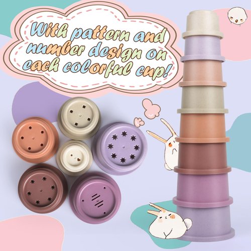 SKYWHALE 8PCS Stacking Cups for Rabbits, Stackable Bunny Toys, Natural Sugarcane Plastic Pet Nesting Snack Cup, Chinchilla, Guinea Pig and Parrot Enrichment Toys for Hiding Food and Playing