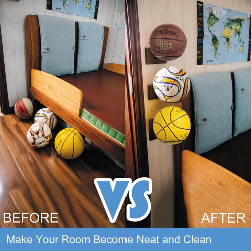 GENMOUS Set of 3 Wood Basketball Holder Wall Mount Display for Boys Room Decor, Metal Ball Rack Display Stand for Basketball Football Volleyball Storage, Basketball Rack Sports Decor for Boys Bedroom