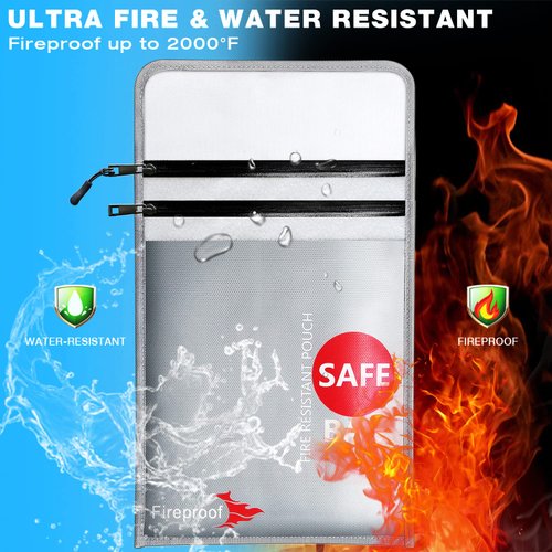 COLCASE Fireproof Document Bag Upgraded 2 Pockets (2000 ℉)15 x 11 Inches Silicone Coated Fireproof and Waterproof Bag Fireproof Safe Bag Storage for Money, Documents, Jewelry and Passport