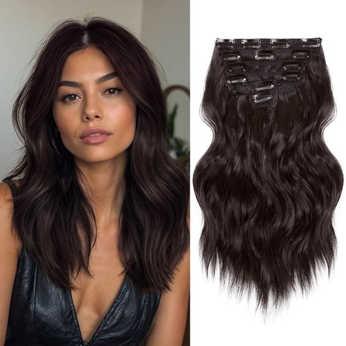 NAYOO Clip in Hair Extensions for Women 14 Inch Short Wavy Curly Dark Brown Hair Extension Full Head Synthetic Hair Extension Hairpieces(6PCS,Dark Brown)
