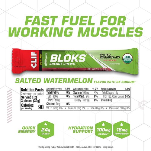 Clif Shot Bloks - Salted Watermelon - Energy Chews (3 x 2.1oz Bars)